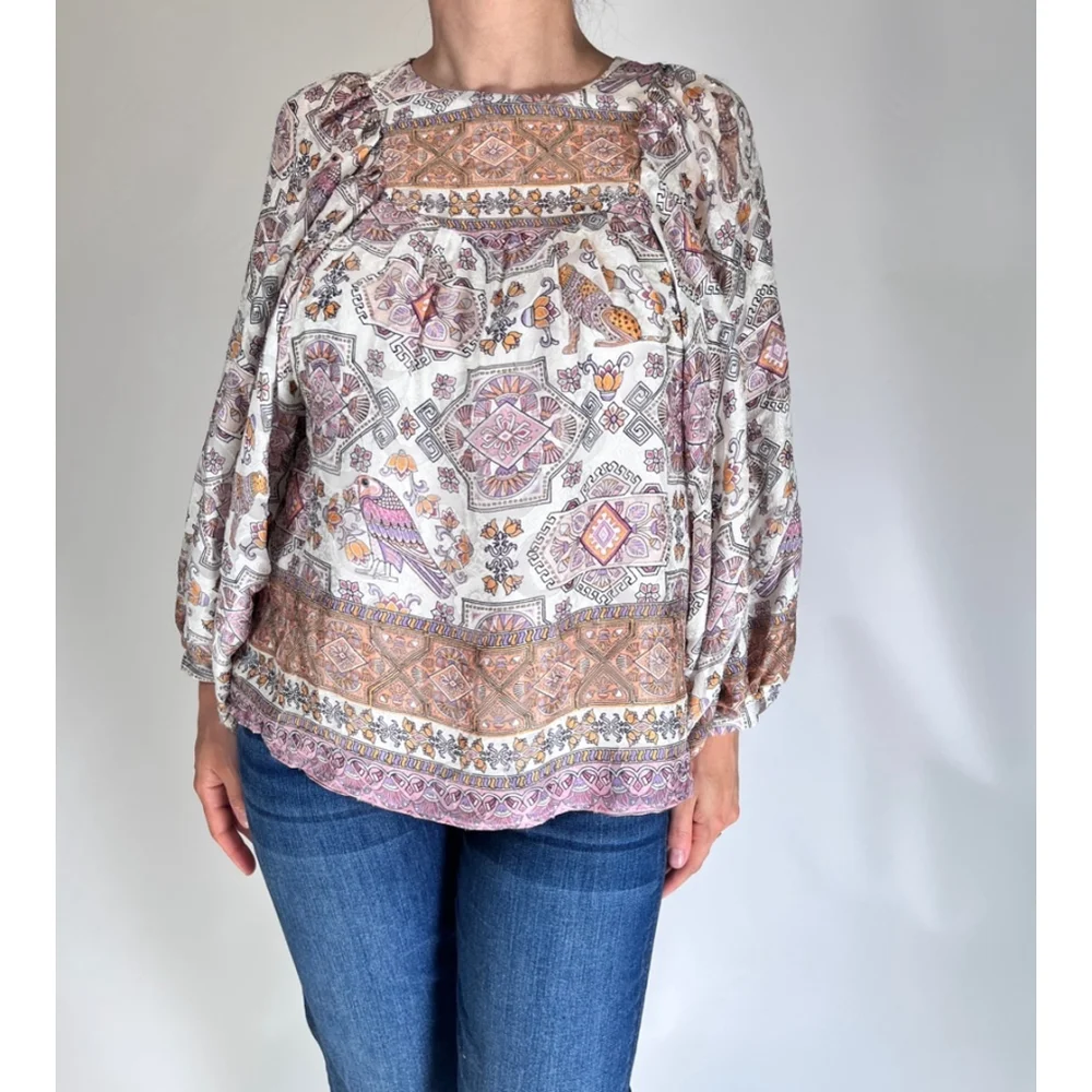 Anthropology Silk Blouse S White Purple Tan Orange Bohemian Floral Puff sleeve